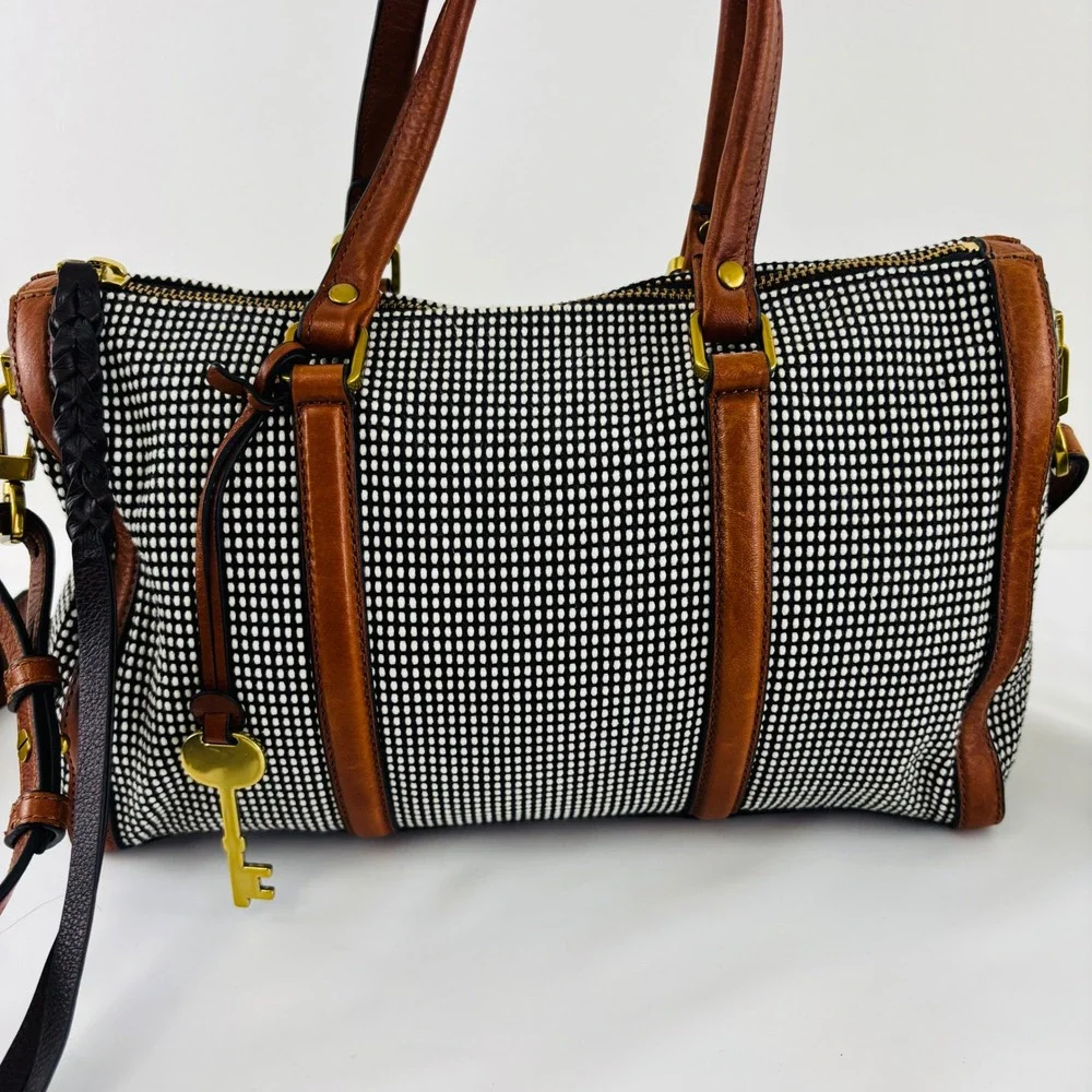 Fossil Kendall Satchel Tote Crossbody Shoulder Bag Jute Leather Black White Tan